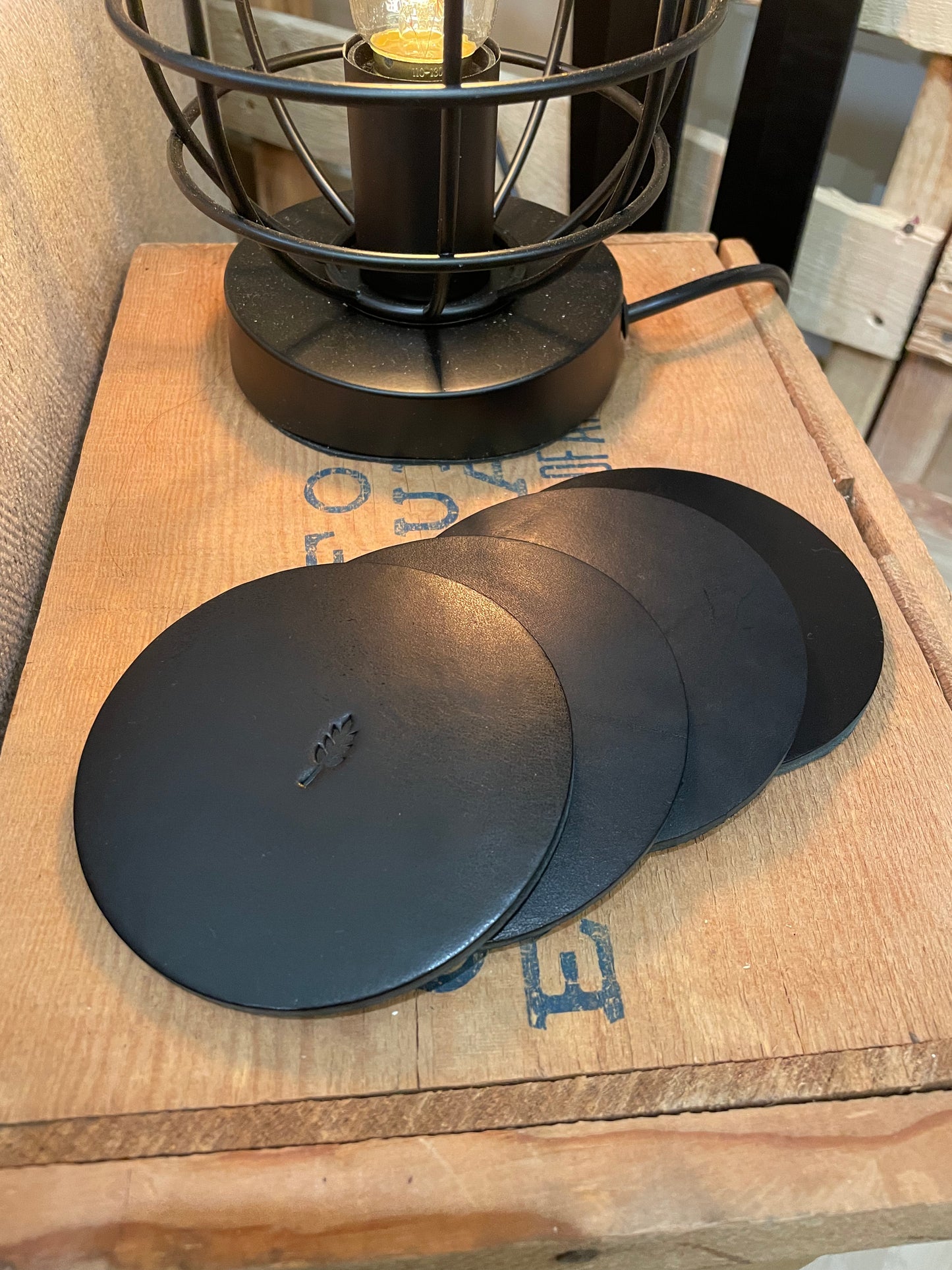 4 Pack Handmade Black Leather Round Coasters